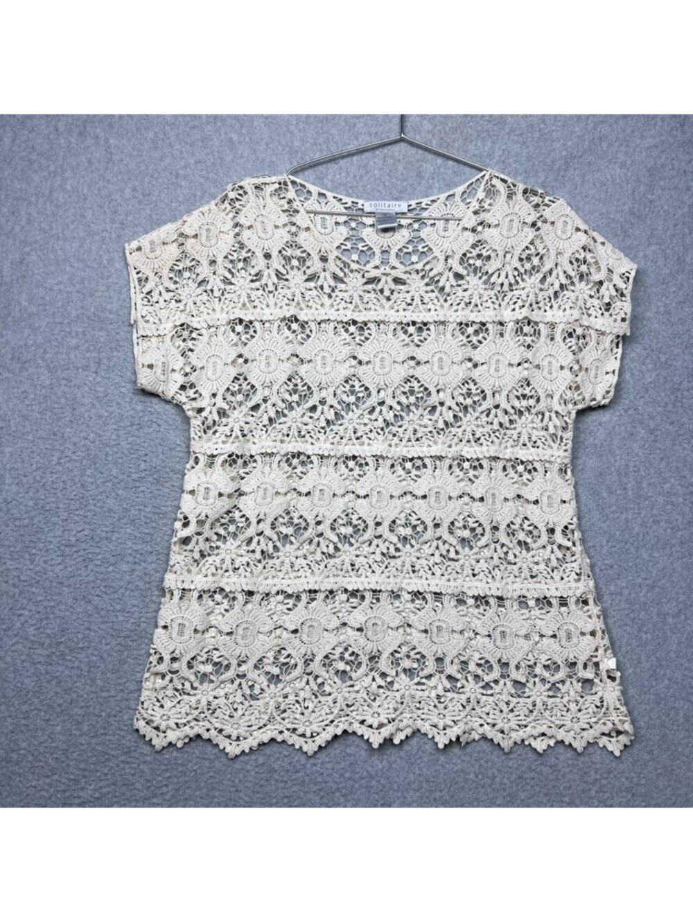 Solitaire by Ravi Khosla M Cream Cotton Crochet Lace Top Boho Eyelet Knit Blouse